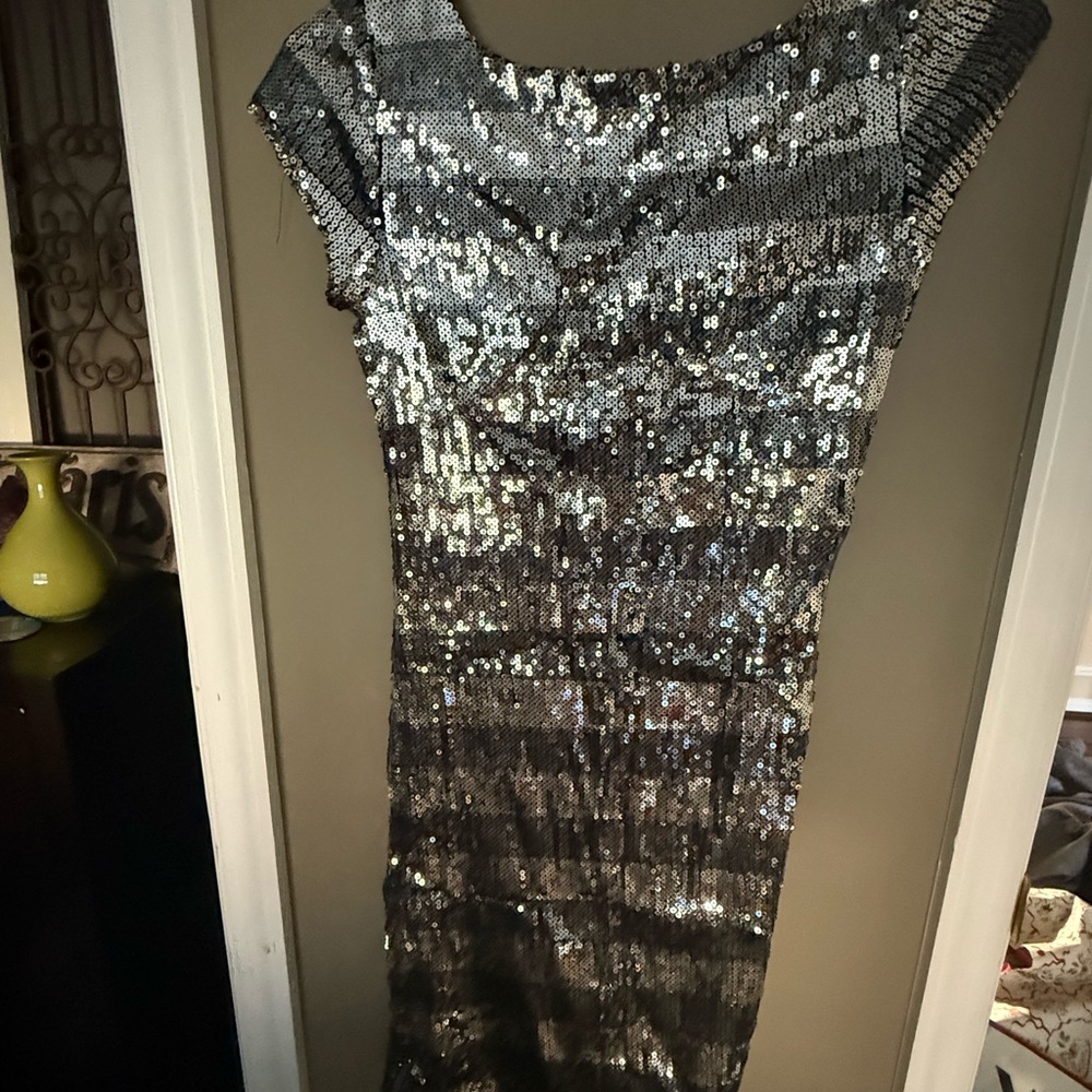White House Black Market Silver Sequin Maxi Dress